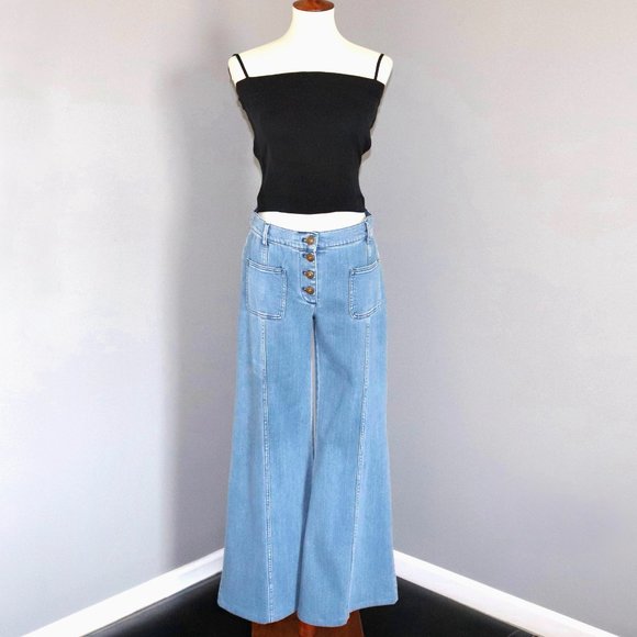 * Chloe Sz 6 / 38 Denim Flared Jeans Bell Bottom Button Fly Patch Front Pocket - Picture 5 of 15